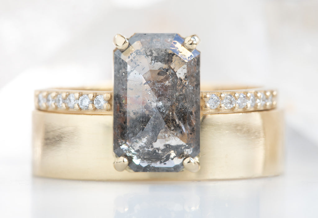 Large Emerald Cut Salt + Pepper Diamond Engagement Ring with Pavé Band