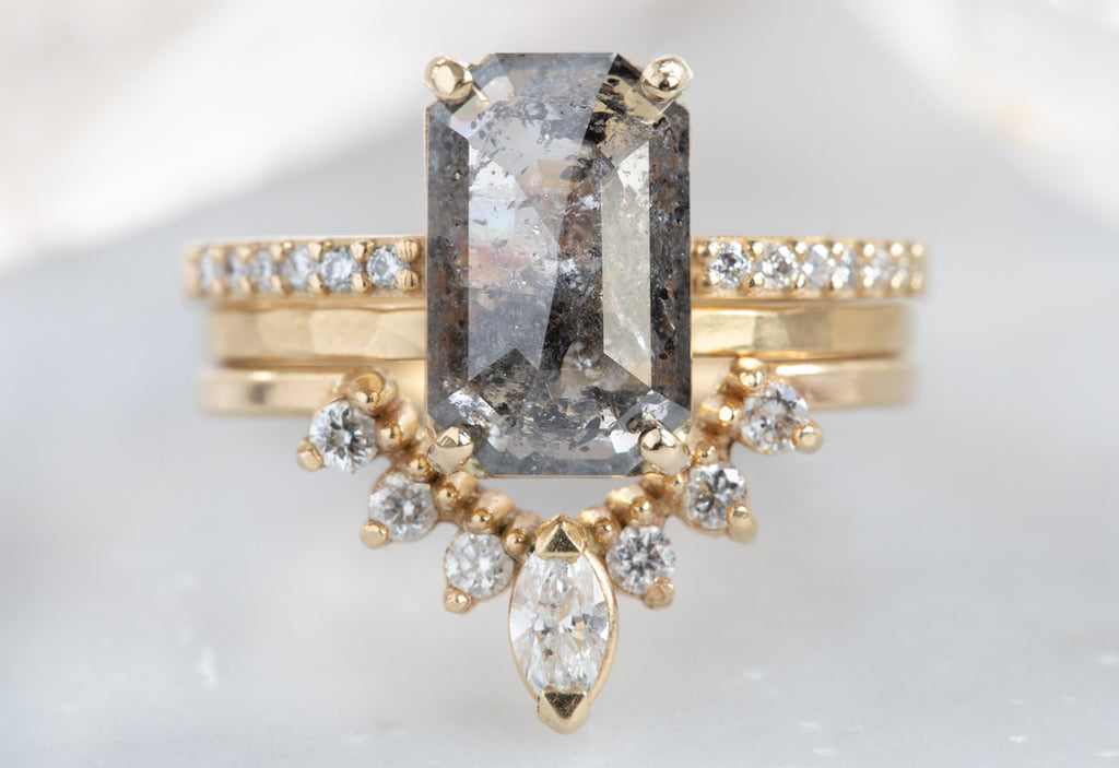 Large Emerald Cut Salt + Pepper Diamond Engagement Ring with Pavé Band