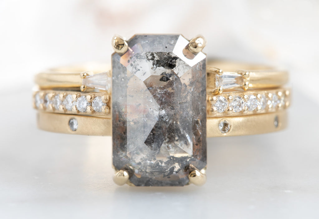 Large Emerald Cut Salt + Pepper Diamond Engagement Ring with Pavé Band