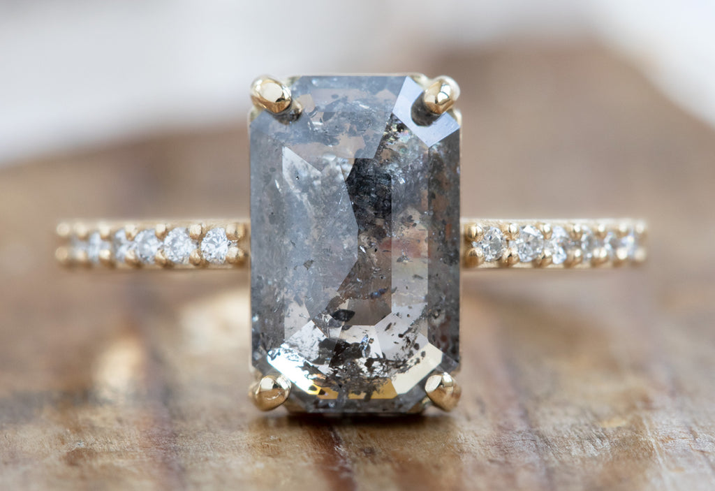 Large Emerald Cut Salt + Pepper Diamond Engagement Ring with Pavé Band