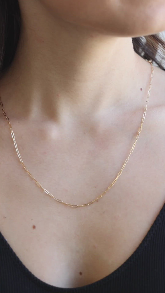 Yellow Gold Drawn Cable Link Chain Necklace on Model
