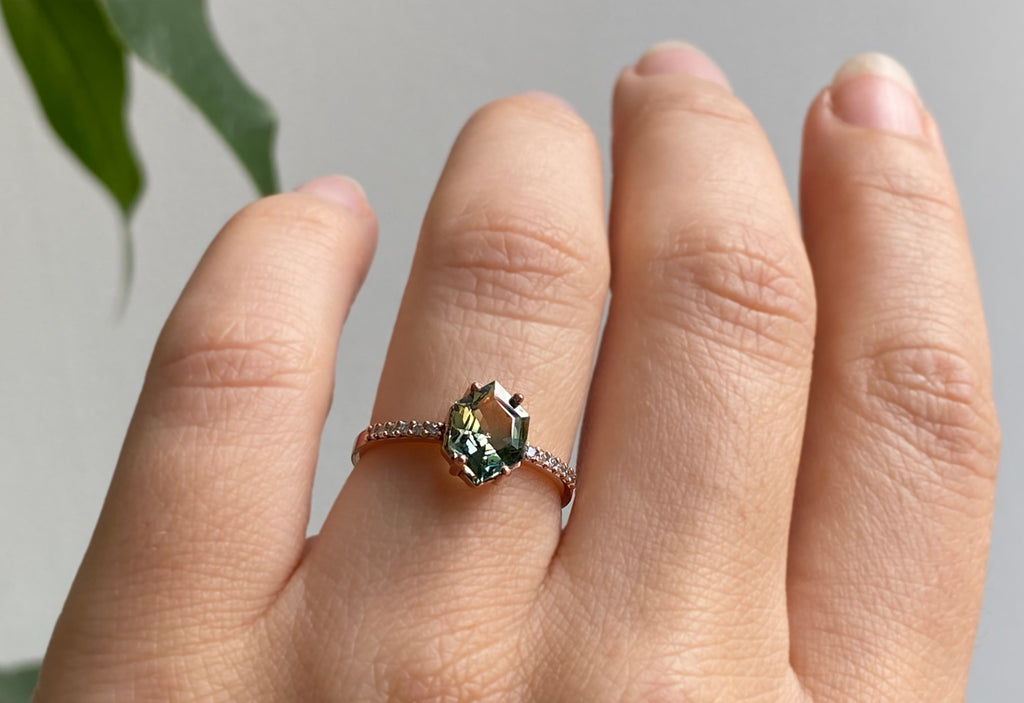 The Willow Ring with a Hexagon-Cut Green Sapphire