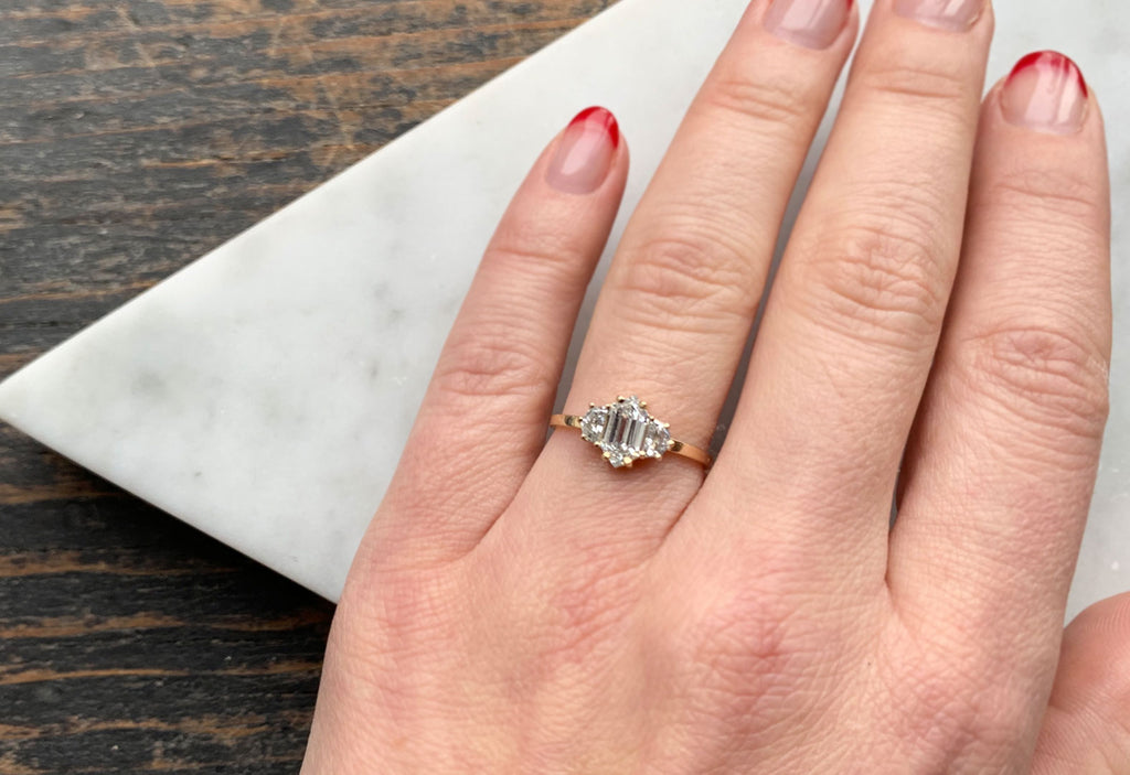 Step Cut Hexagon Diamond Engagement Ring with Geometric Side Diamonds