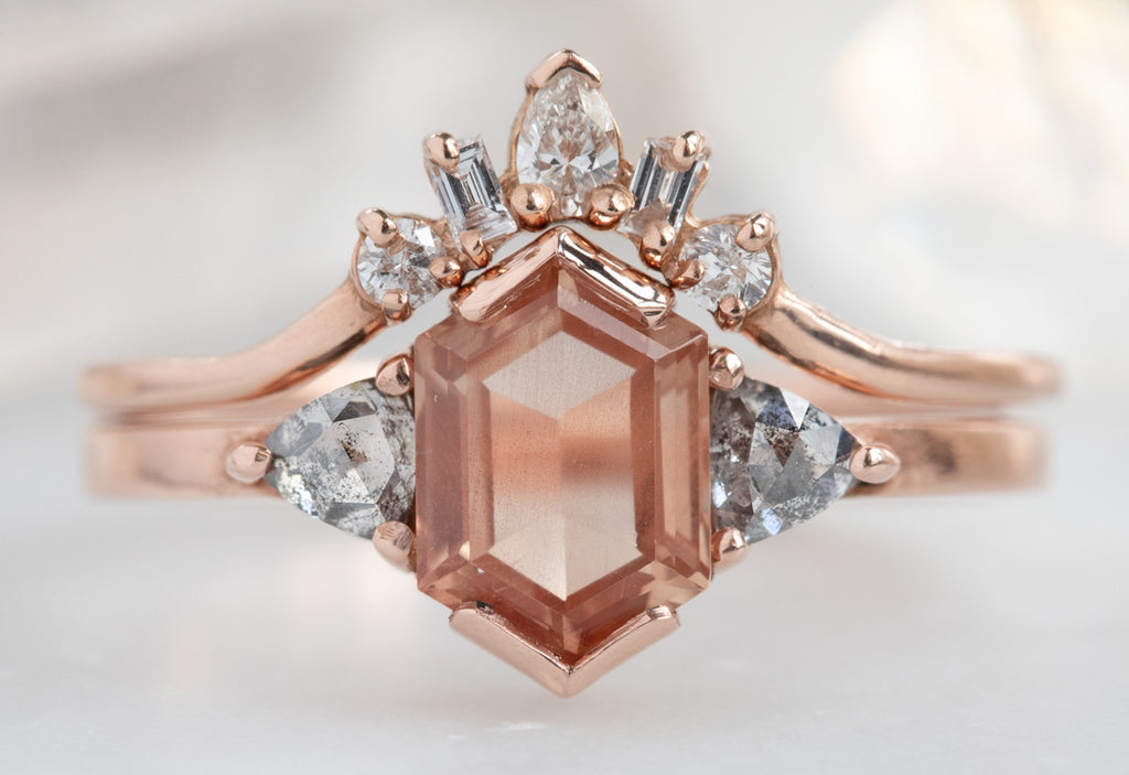 Three-Stone Hexagon-Cut Sunstone Engagement Ring