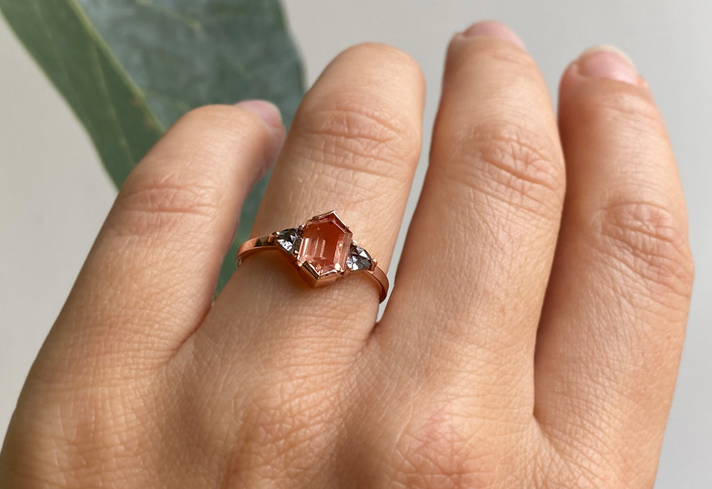 Three-Stone Hexagon-Cut Sunstone Engagement Ring
