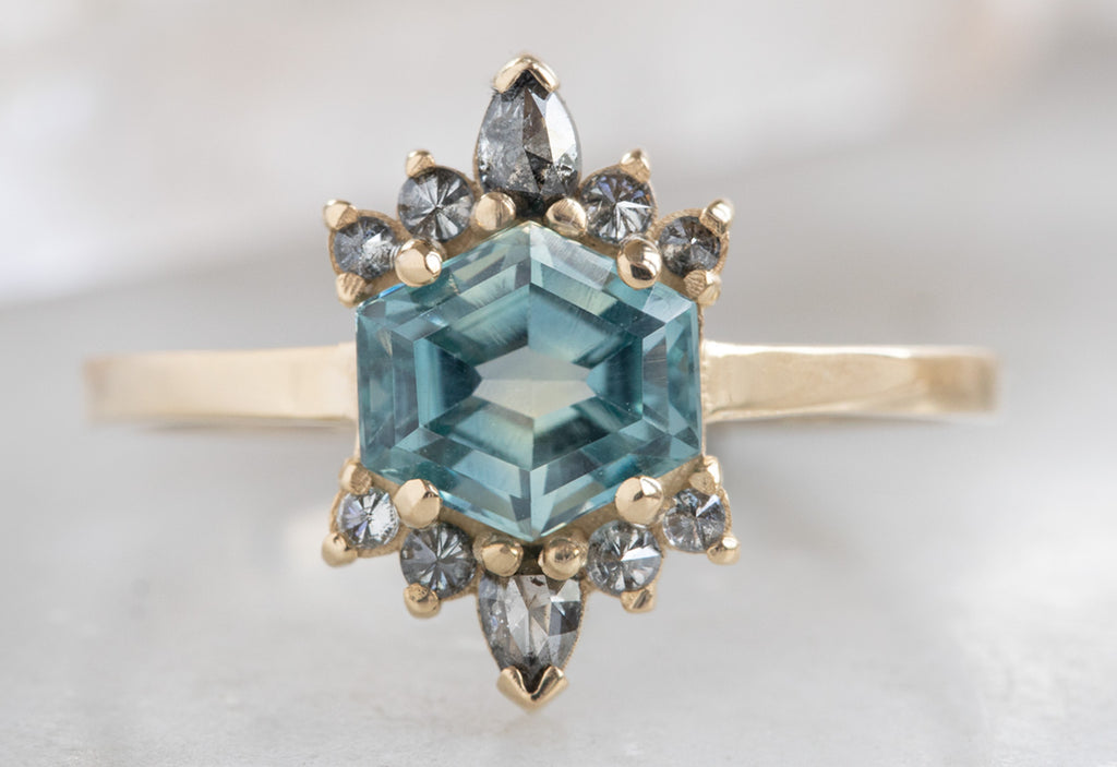 Hexagon Cut Montana Sapphire Engagement Ring with Diamond Sunbursts