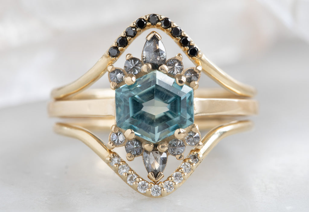 Hexagon Cut Montana Sapphire Engagement Ring with Diamond Sunbursts