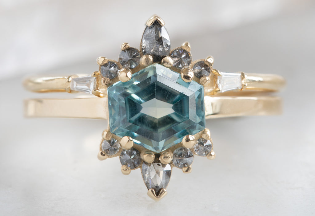 Hexagon Cut Montana Sapphire Engagement Ring with Diamond Sunbursts