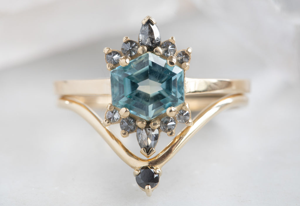 Hexagon Cut Montana Sapphire Engagement Ring with Diamond Sunbursts