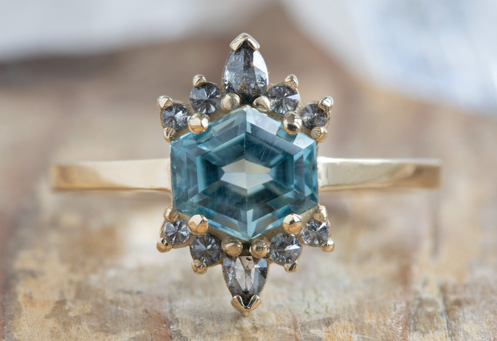 Hexagon Cut Montana Sapphire Engagement Ring with Diamond Sunbursts