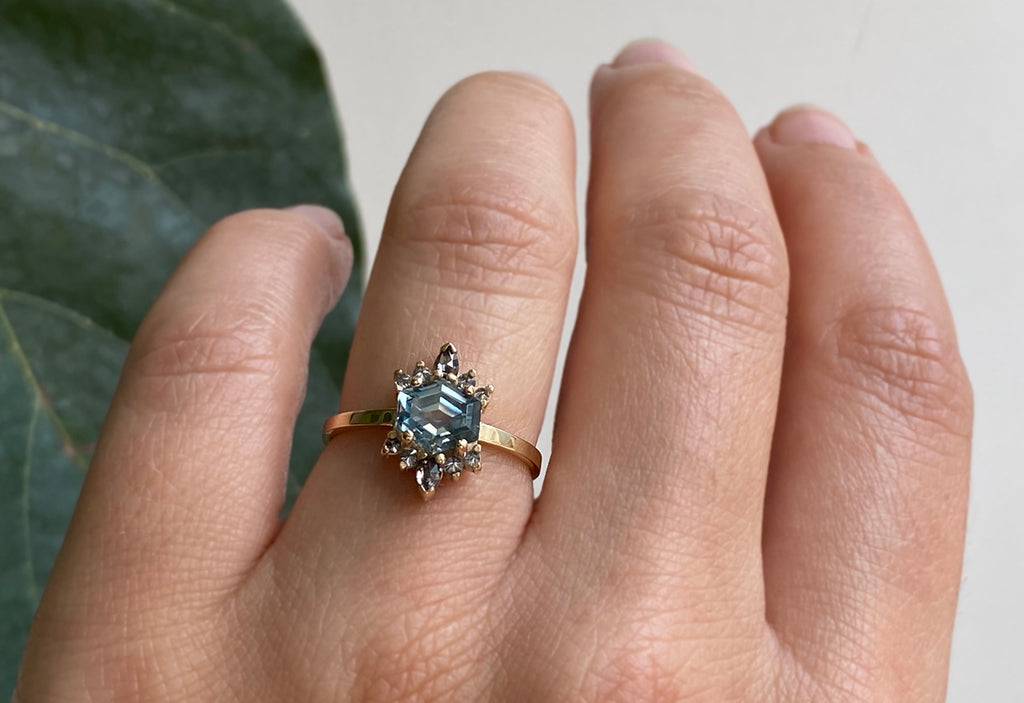 Hexagon Cut Montana Sapphire Engagement Ring with Diamond Sunbursts