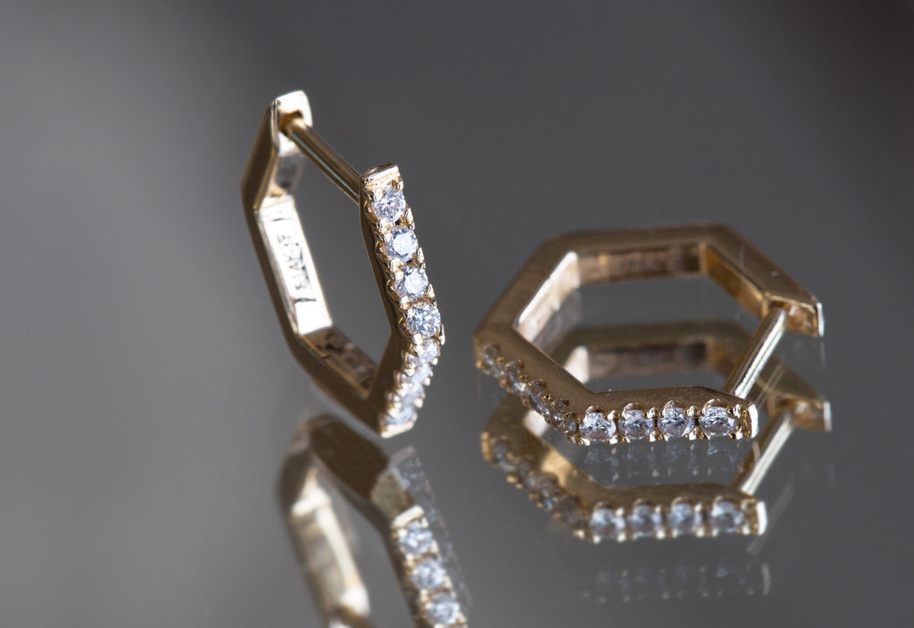 Pavé Diamond Hexagon Hoops on mirror