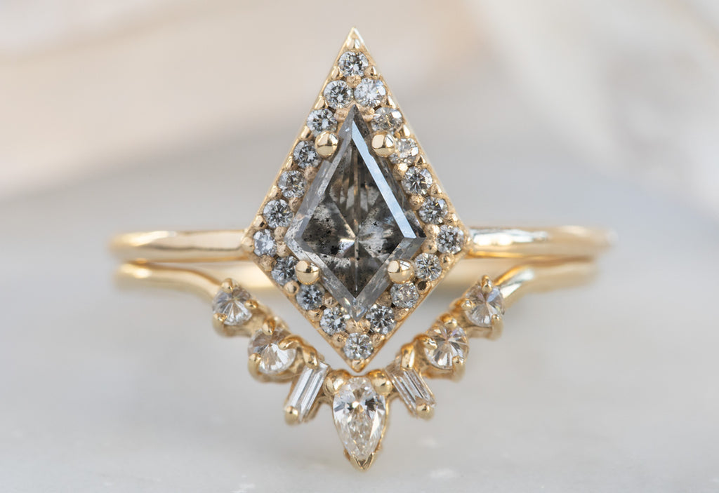 The Dahlia Ring with a Kite-Shaped Salt + Pepper Diamond