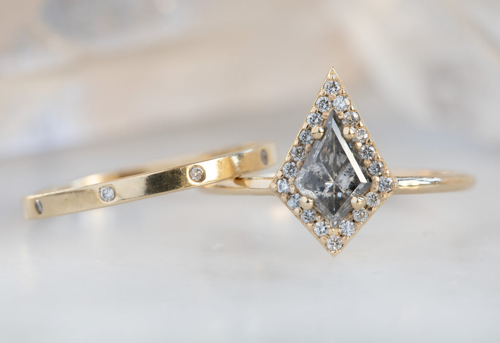 The Dahlia Ring with a Kite-Shaped Salt + Pepper Diamond