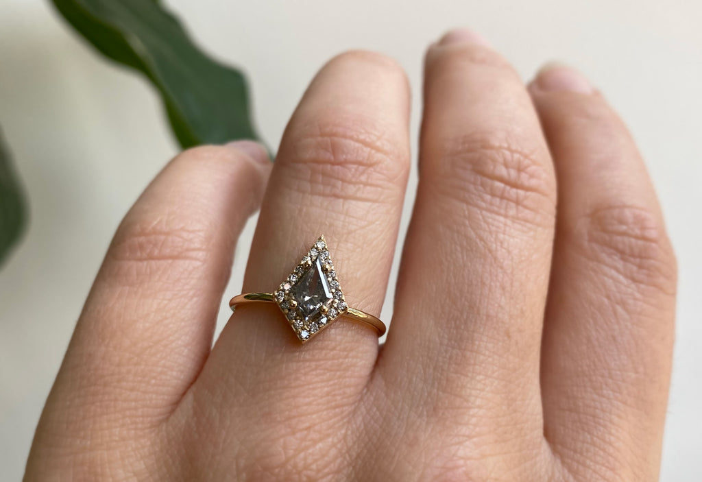 The Dahlia Ring with a Kite-Shaped Salt + Pepper Diamond
