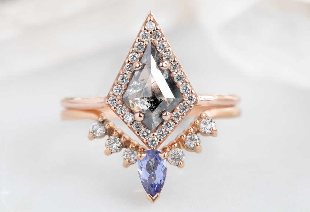 Kite-Shaped Salt + Pepper Diamond Engagement Ring with Halo