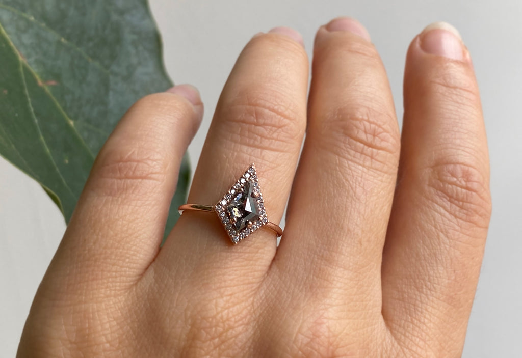 Kite-Shaped Salt + Pepper Diamond Engagement Ring with Halo