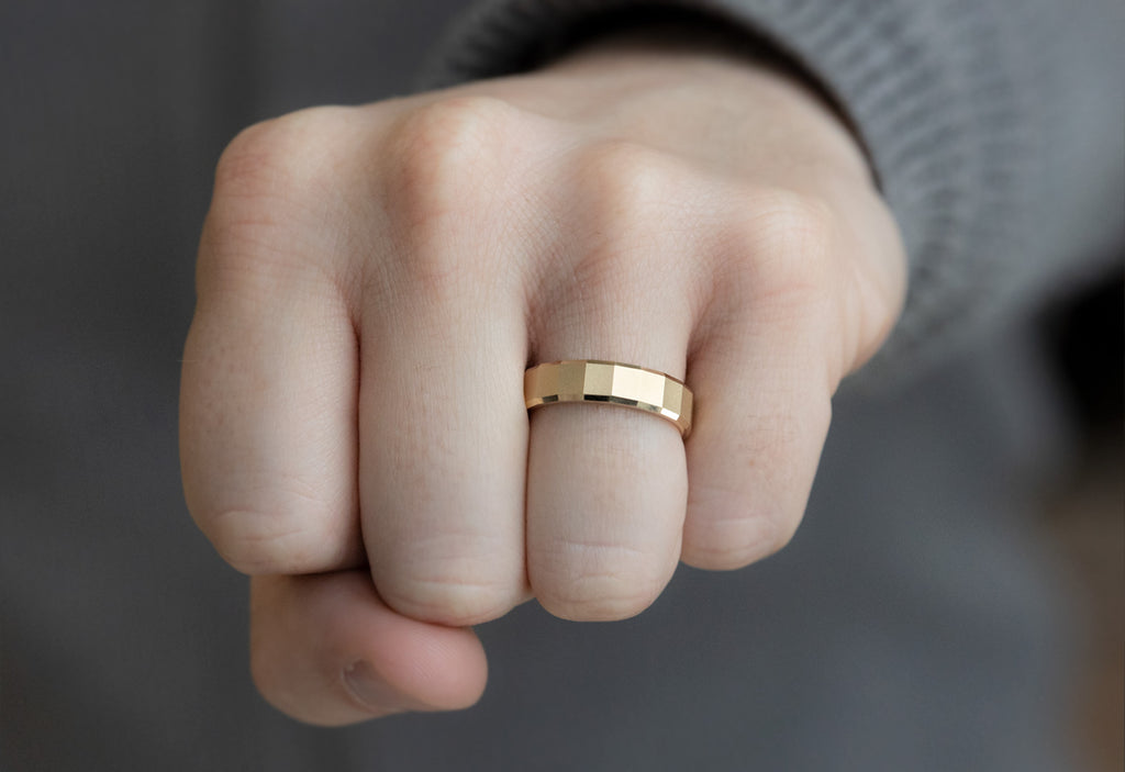 Faceted Gold Wedding Band on Model