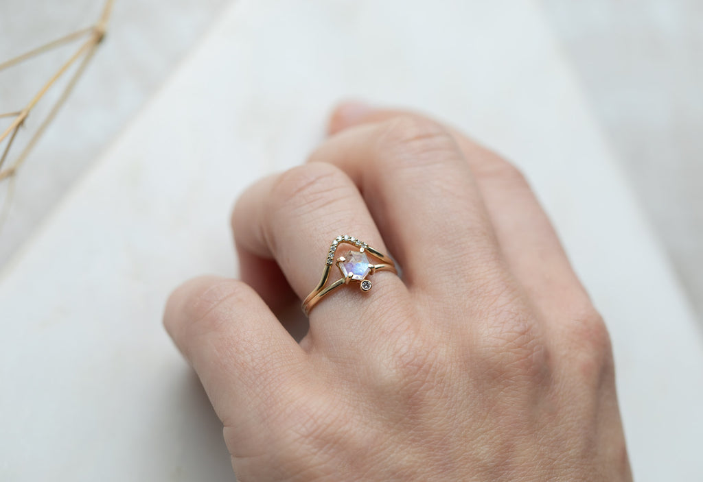 Hexagon Moonstone + Diamond Ring