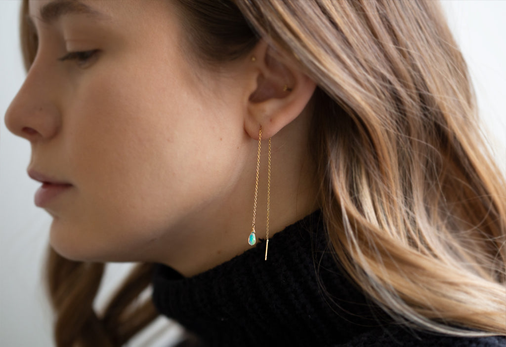 Natural Opal Thread Earrings on Model
