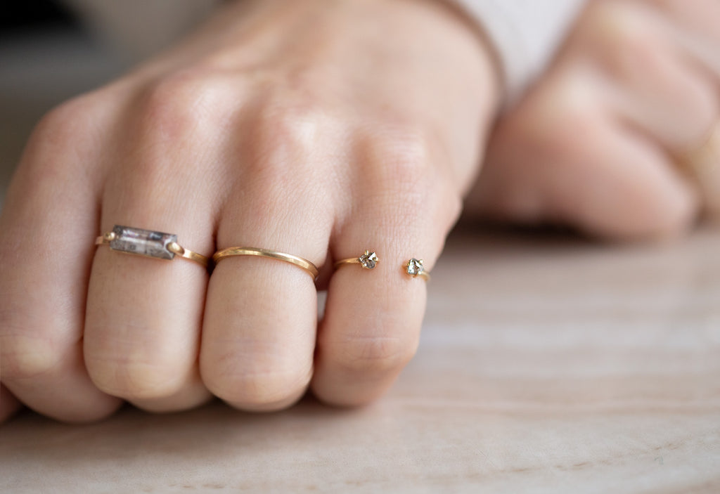 Open Cuff Diamond Trillion Ring Stacked on Model