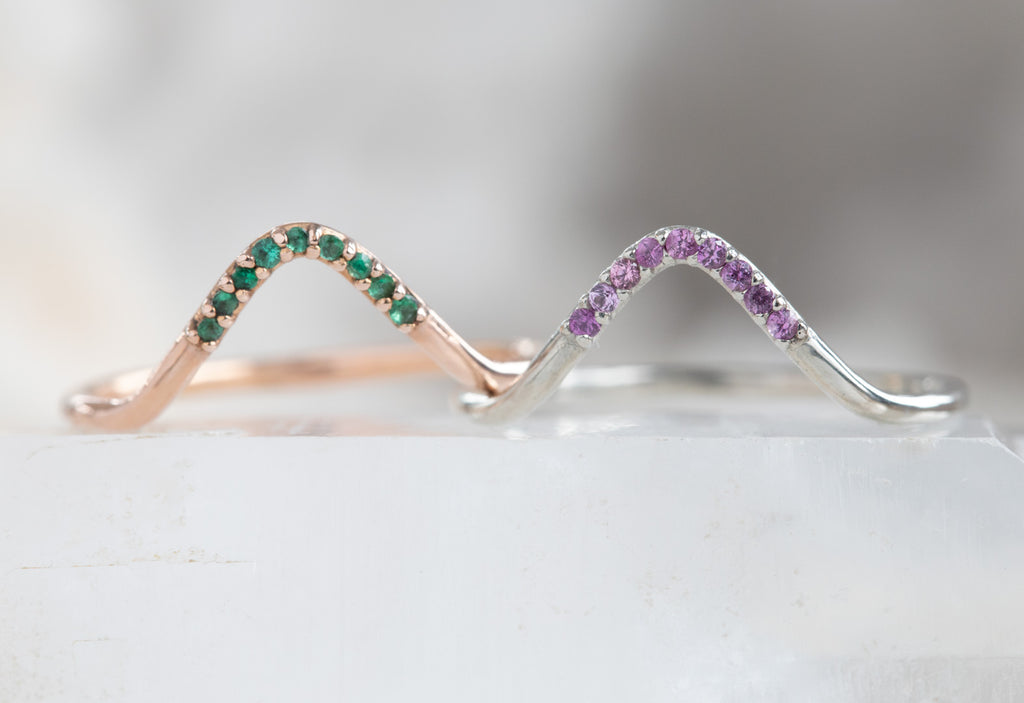 rose gold emerald pavé peak stacking band and white gold ruby pavé peak stacking band