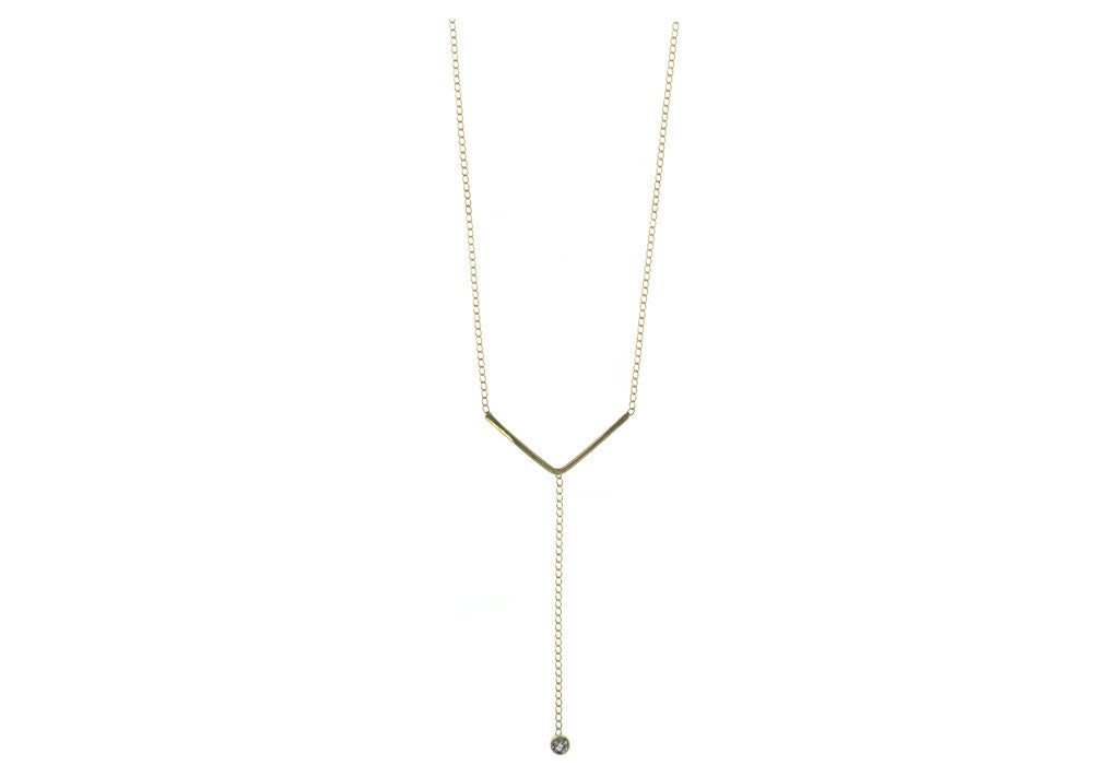 yellow gold peak sapphire lariat necklace on white background