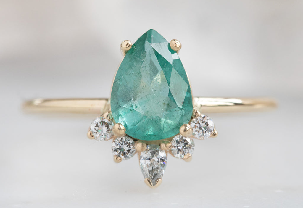 Pear-Cut Emerald Engagement Ring with Attached Sunburst