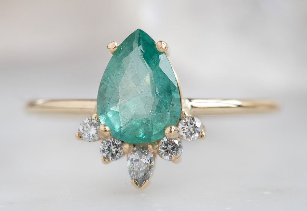 Pear-Cut Emerald Engagement Ring with Attached Sunburst