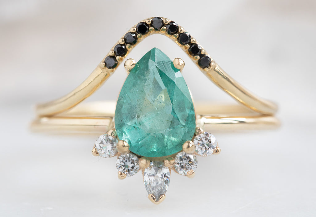 Pear-Cut Emerald Engagement Ring with Attached Sunburst