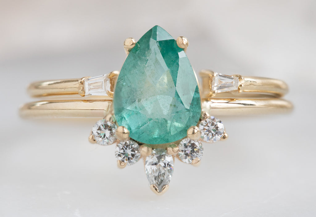 Pear-Cut Emerald Engagement Ring with Attached Sunburst