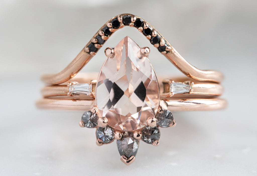 The Aster Ring with a Pear-Cut Morganite with Stacking Bands