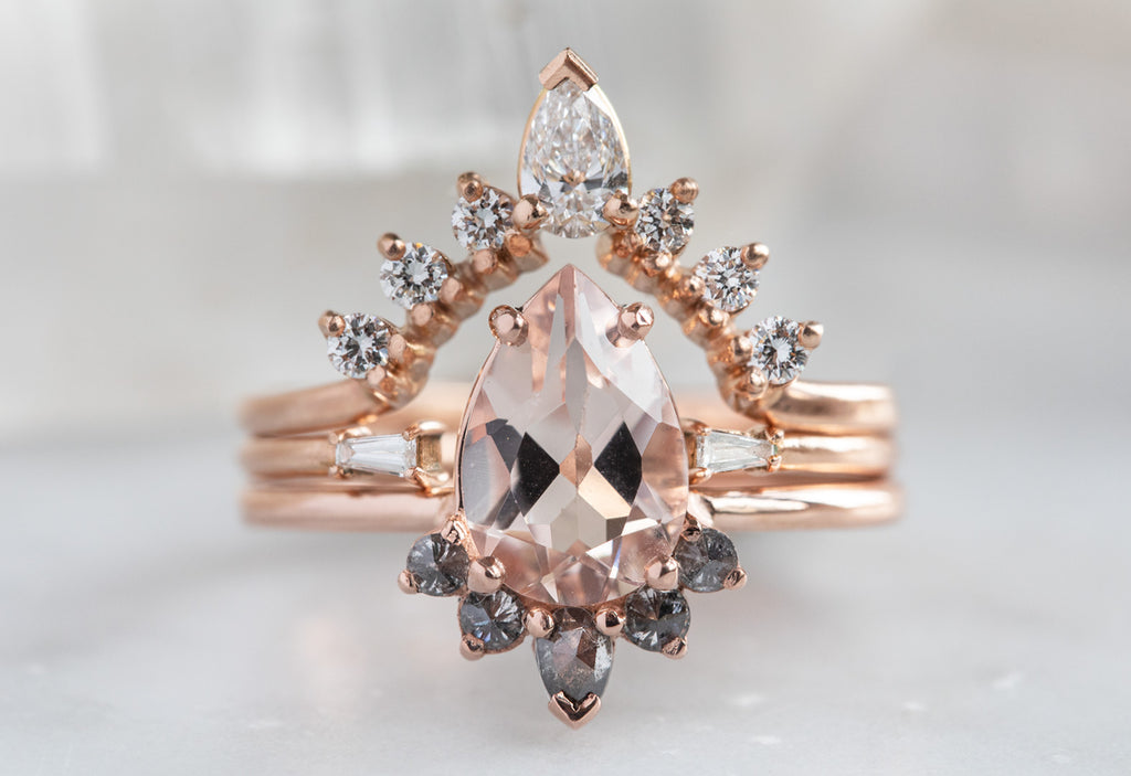 The Aster Ring with a Pear-Cut Morganite with Stacking Bands