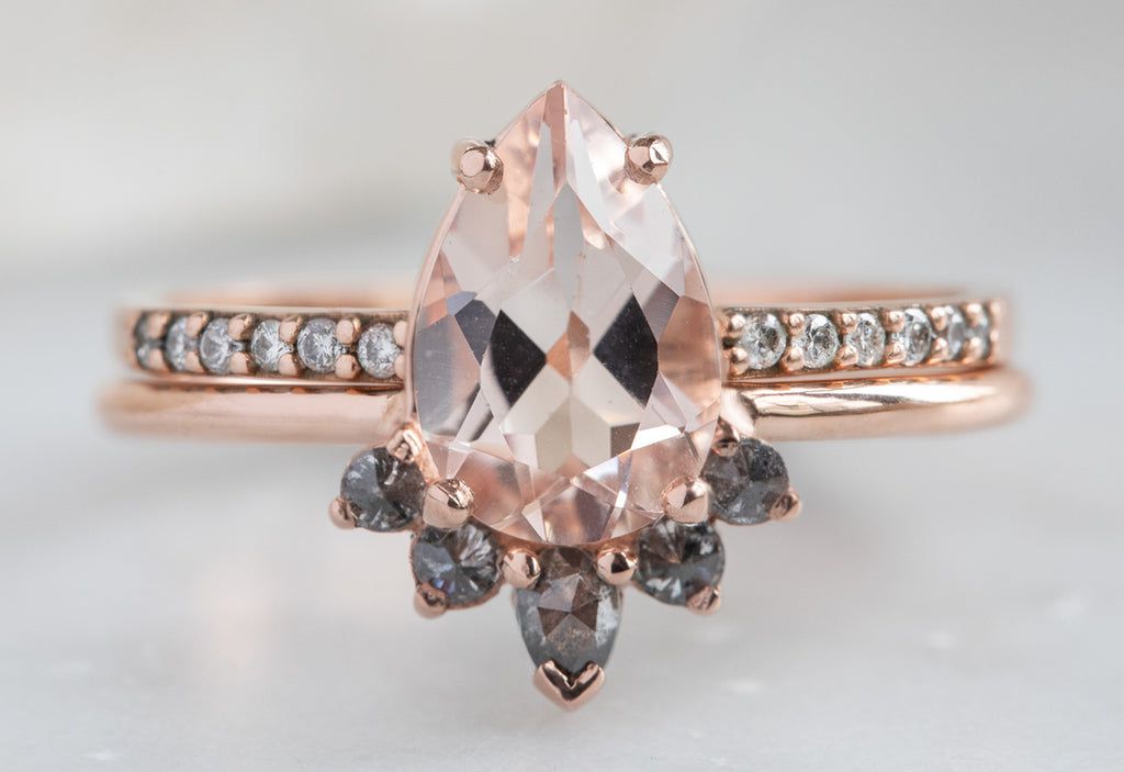 The Aster Ring with a Pear-Cut Morganite with Stacking Band