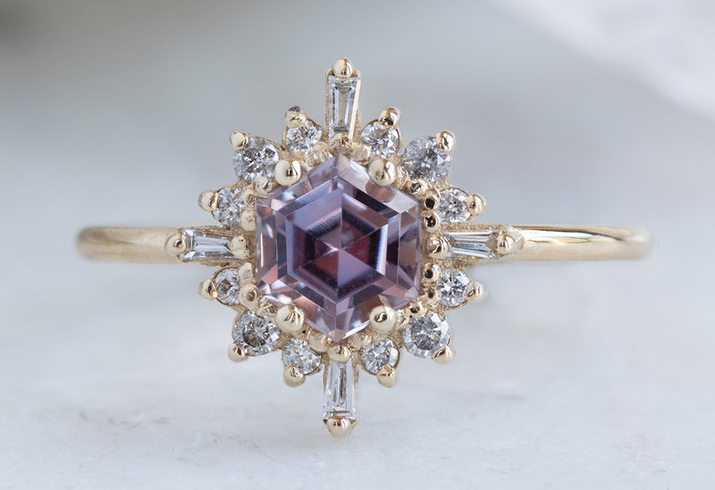 The Camellia Ring with a Hexagon Cut Pink Sapphire