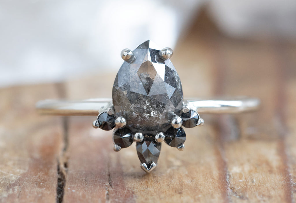 Rose Cut Black Diamond Engagement Ring with Black Diamond Sunburst