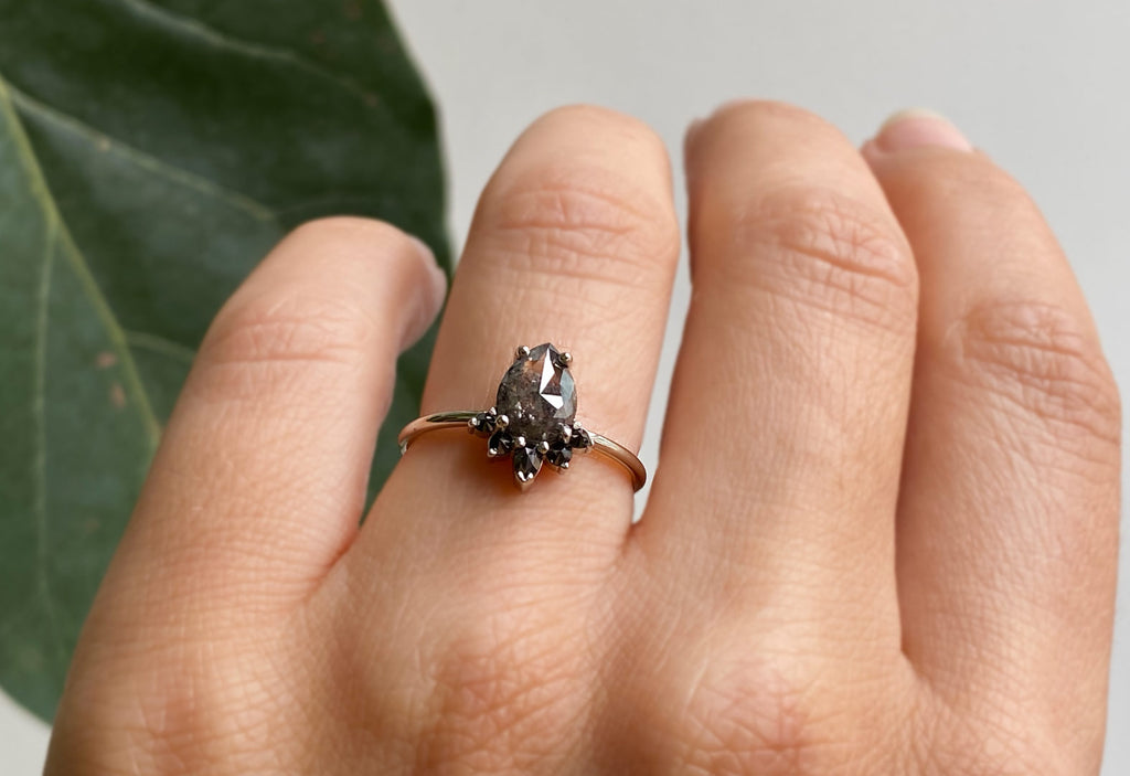 Rose Cut Black Diamond Engagement Ring with Black Diamond Sunburst