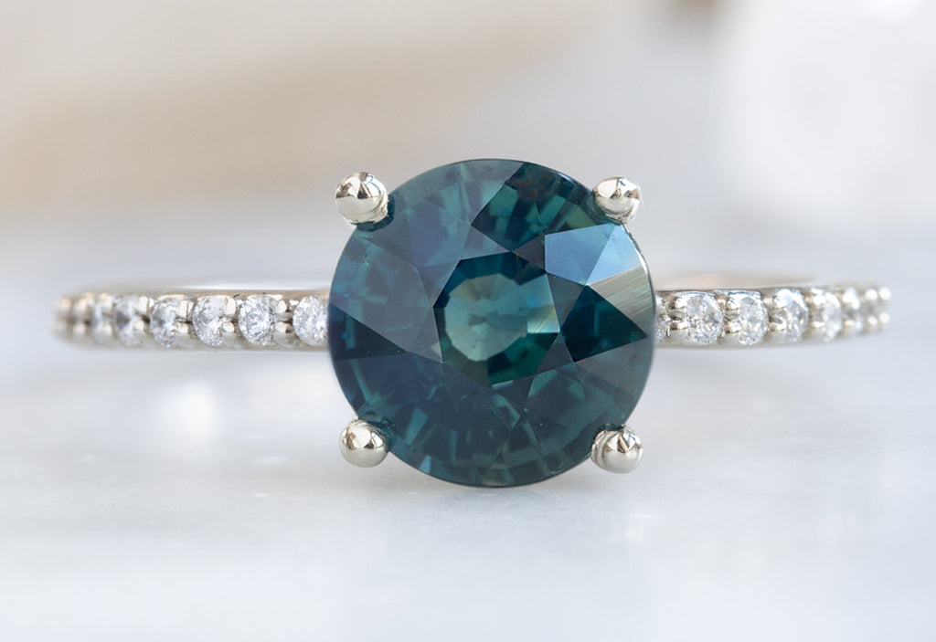 Round Cut Montana Sapphire Engagement Ring with Pavé Band