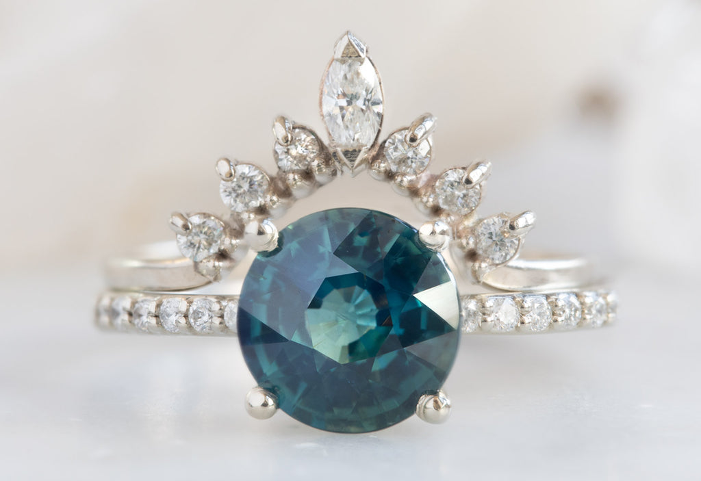 Round Cut Montana Sapphire Engagement Ring with Pavé Band