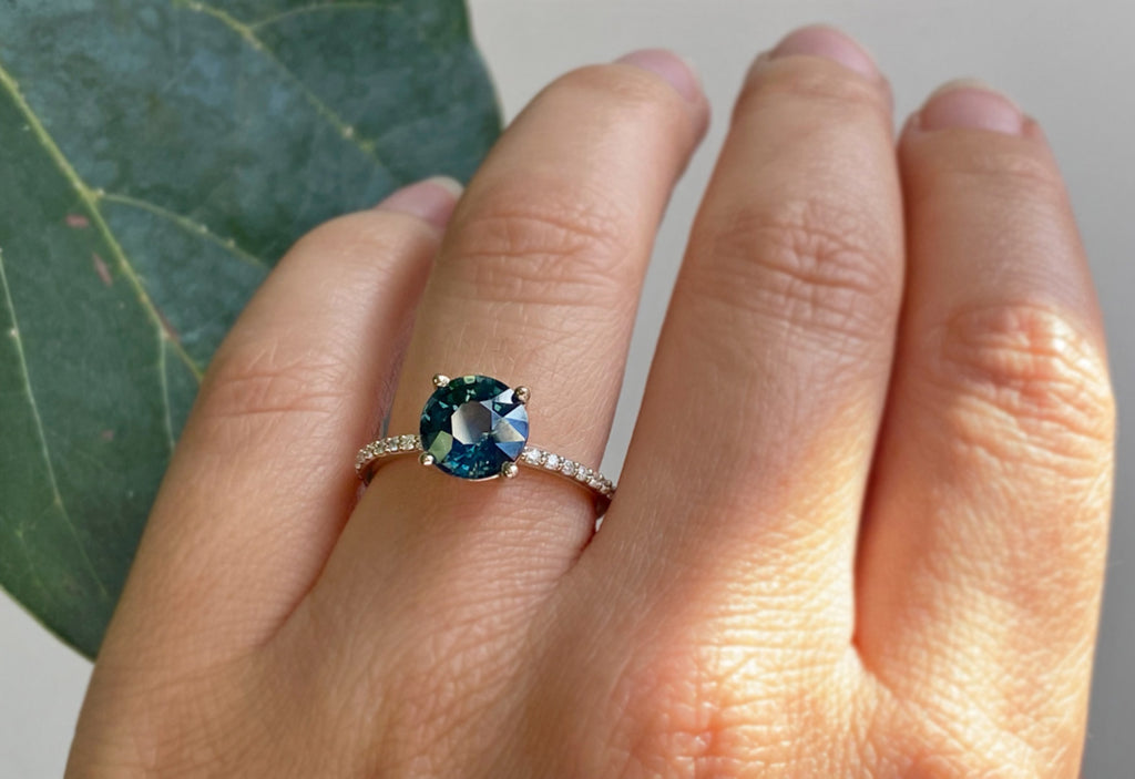 Round Cut Montana Sapphire Engagement Ring with Pavé Band