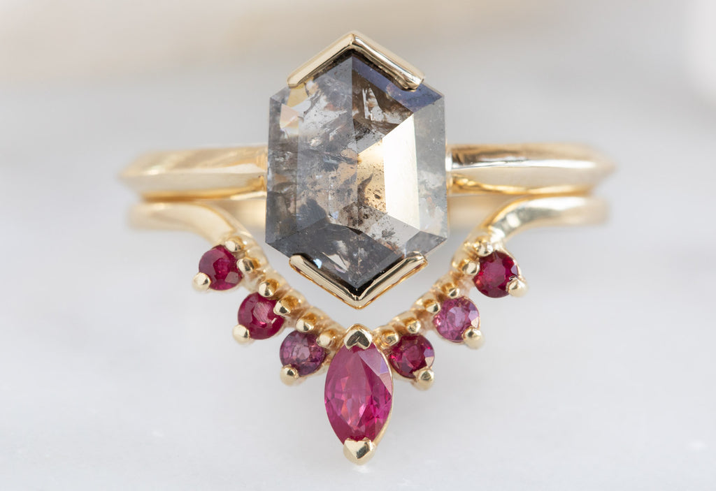 Salt + Pepper Hexagon Diamond Engagement Ring with Knife Edge Band
