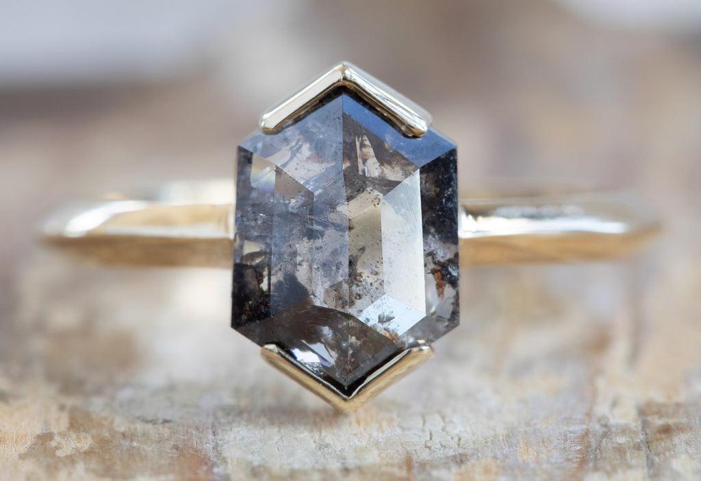 Salt + Pepper Hexagon Diamond Engagement Ring with Knife Edge Band