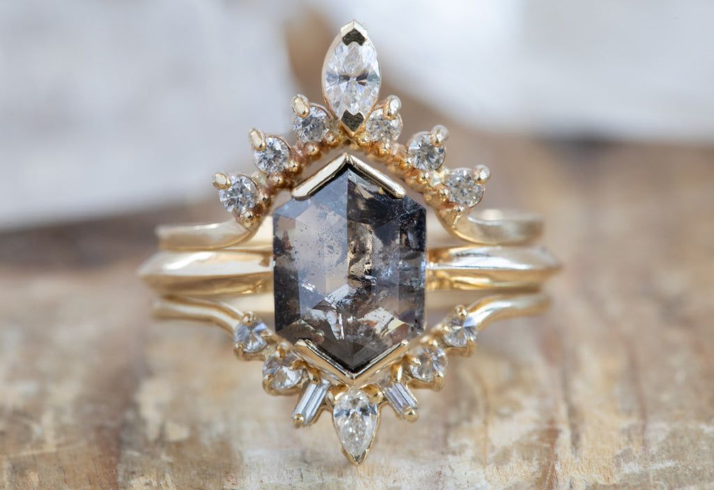 Salt + Pepper Hexagon Diamond Engagement Ring with Knife Edge Band
