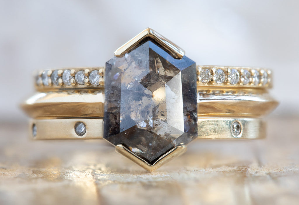 Salt + Pepper Hexagon Diamond Engagement Ring with Knife Edge Band