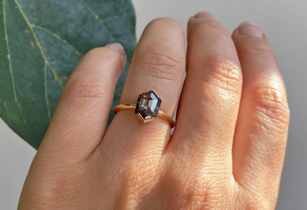 Salt + Pepper Hexagon Diamond Engagement Ring with Knife Edge Band