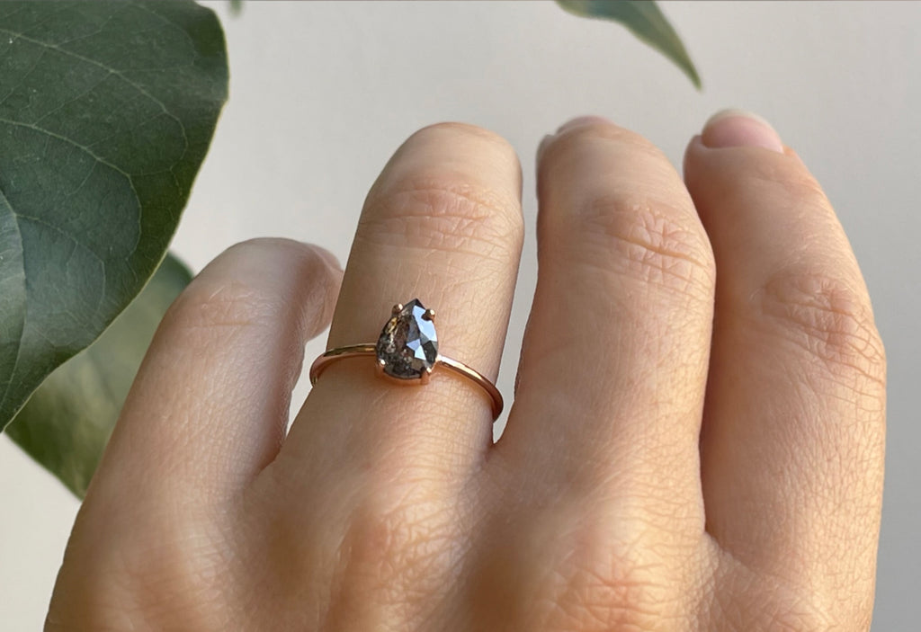 The Bryn Ring with a Rose-Cut Salt and Pepper Diamond on Model