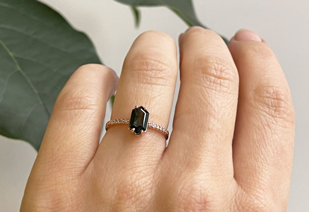 The Willow Ring with a Sapphire Hexagon on Model