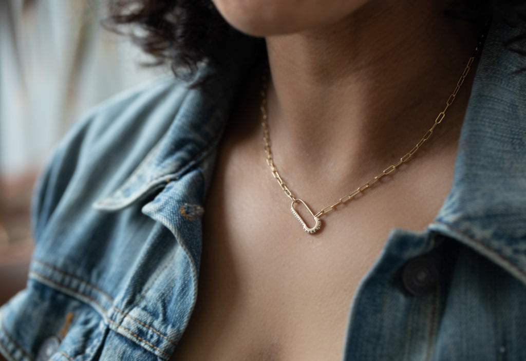 Pavé Diamond Pin Necklace on Model wearing jean jacket