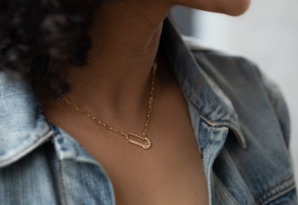 Pavé Diamond Pin Necklace on Model wearing jean jacket