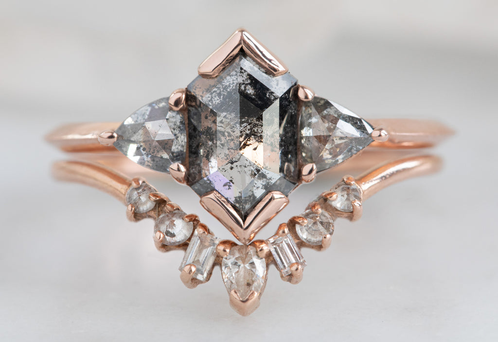 The Jade Ring with a Salt and Pepper Hexagon Diamond with Geometric Diamond Sunburst Stacking Band